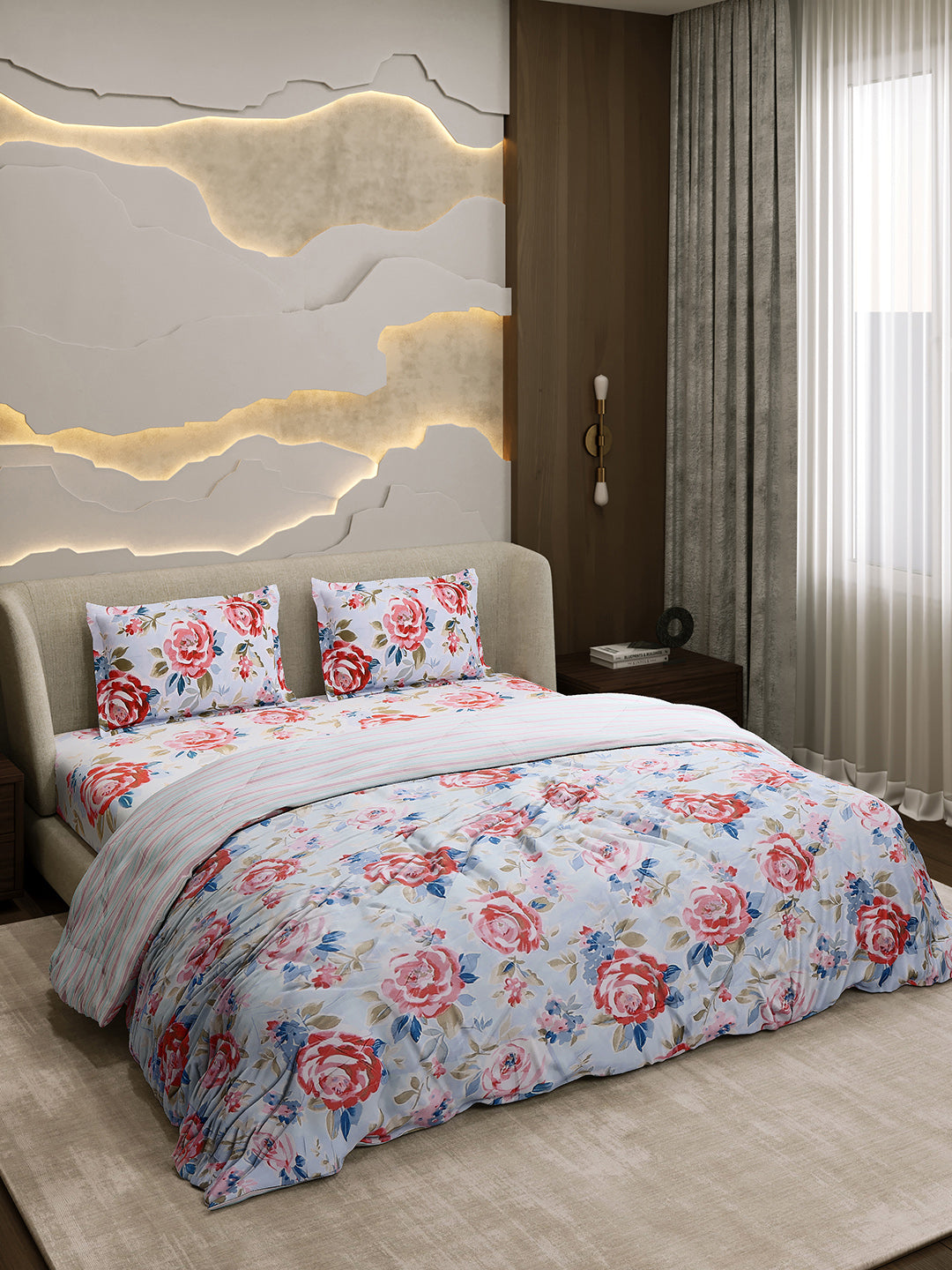 Printed Double Bed 130 GSM 4 Pc Bedding Set (1 Bedsheet, 1 AC Comforter & 2 Pillow Cover)