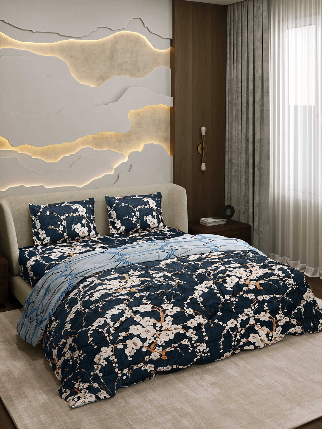 Printed Double Bed 130 GSM 4 Pc Bedding Set (1 Bedsheet, 1 AC Comforter & 2 Pillow Cover)