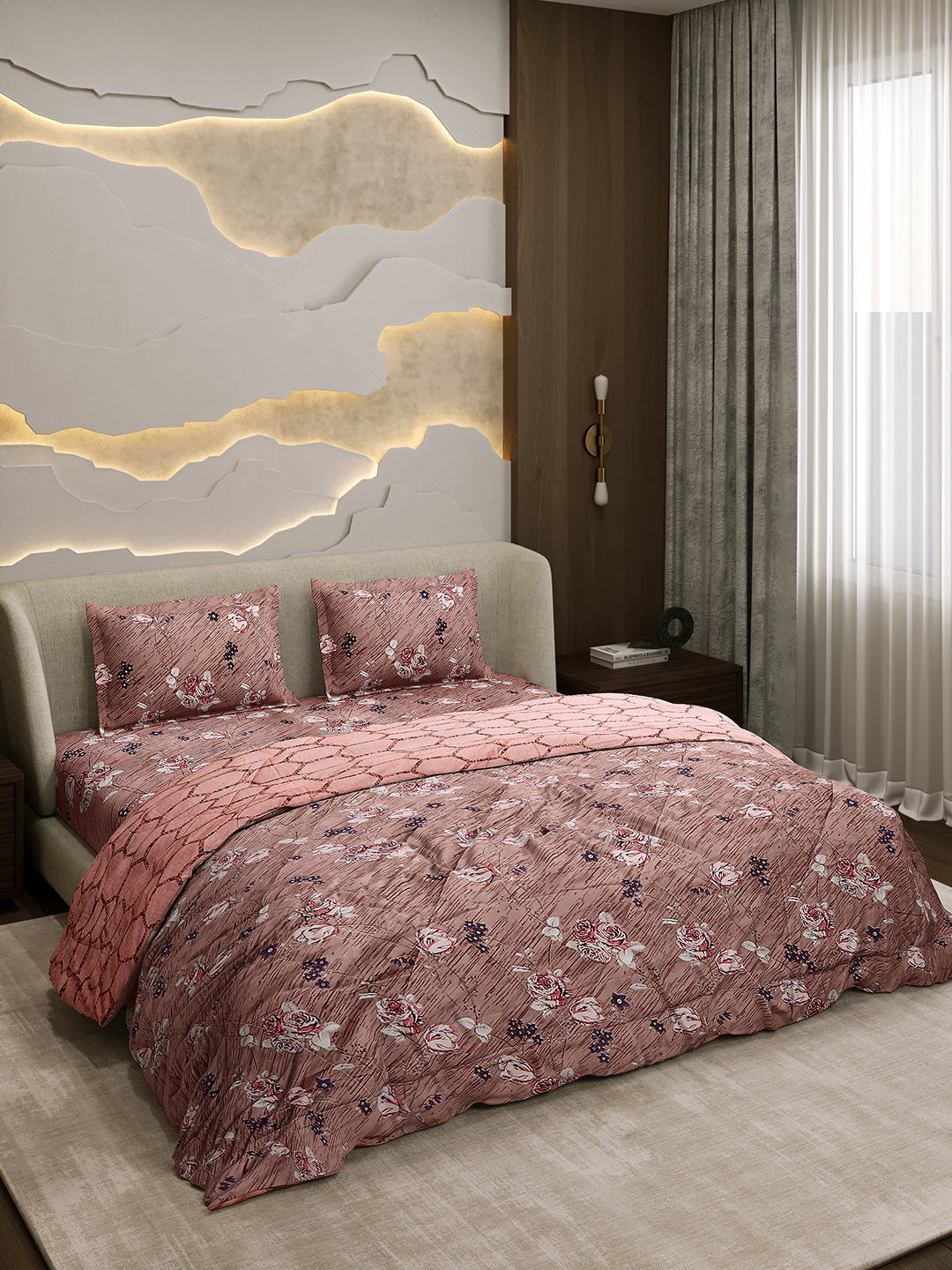 Printed Double Bed 130 GSM 4 Pc Bedding Set (1 Bedsheet, 1 AC Comforter & 2 Pillow Cover)