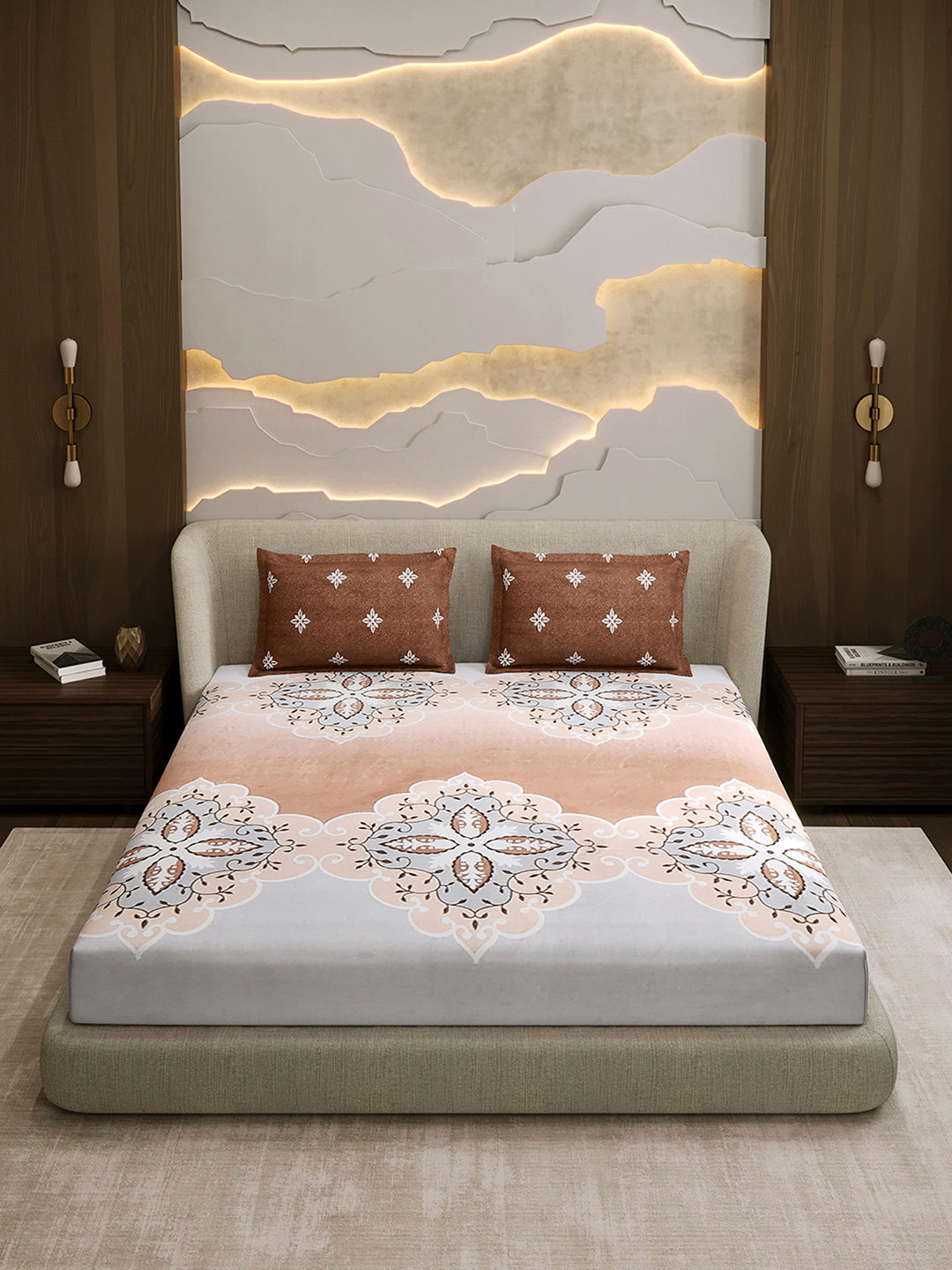 144 TC Cotton Double Bed 1 Fitted Bedsheet with 2 Pillow Cover (Solstice)