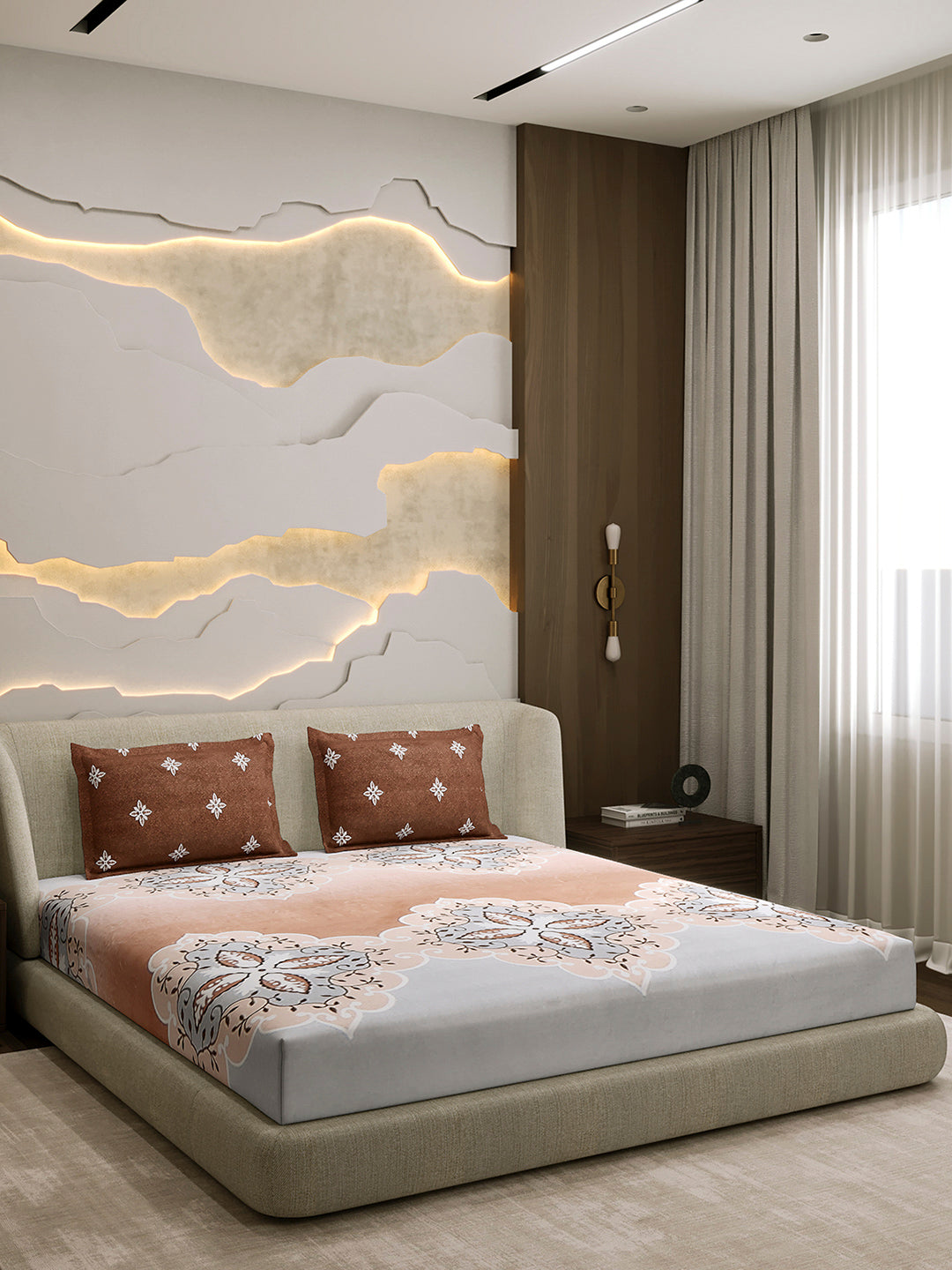 144 TC Cotton Double Bed 1 Fitted Bedsheet with 2 Pillow Cover (Solstice)