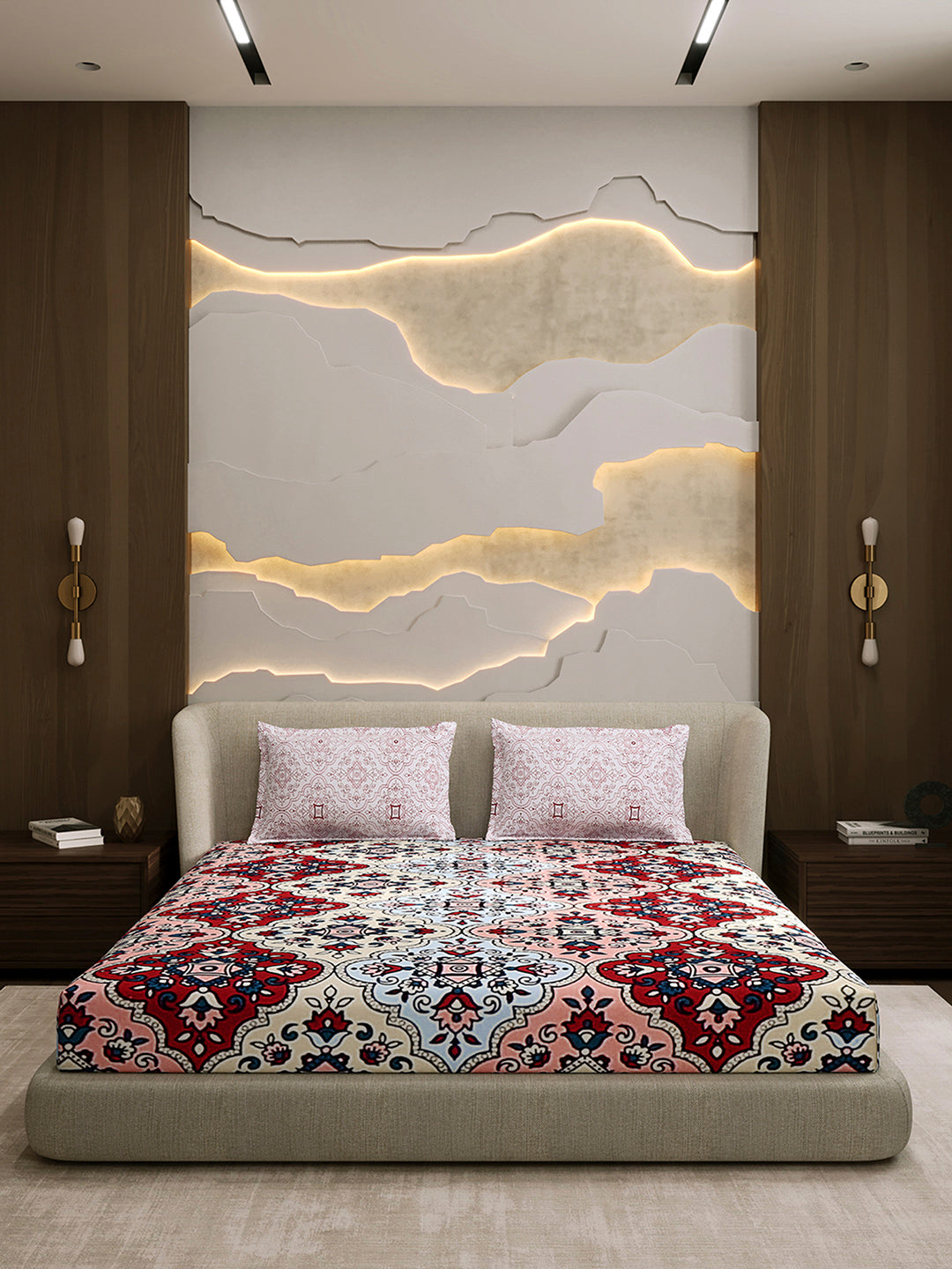 144 TC Cotton Double Bed 1 Fitted Bedsheet with 2 Pillow Cover (Solstice)