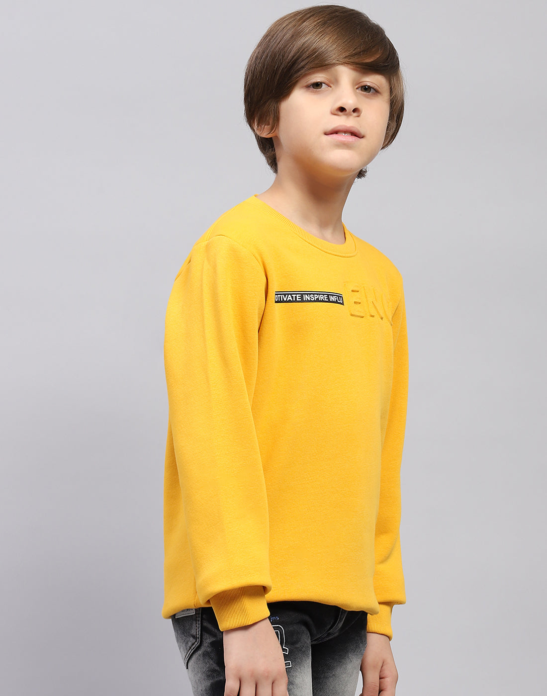 Boys Mustard Solid Round Neck Full Sleeve Sweatshirt