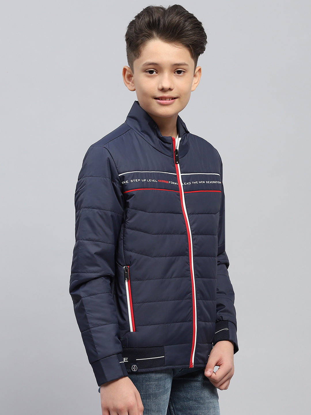 Boys Navy Blue Printed Mock Neck Full Sleeve Jacket