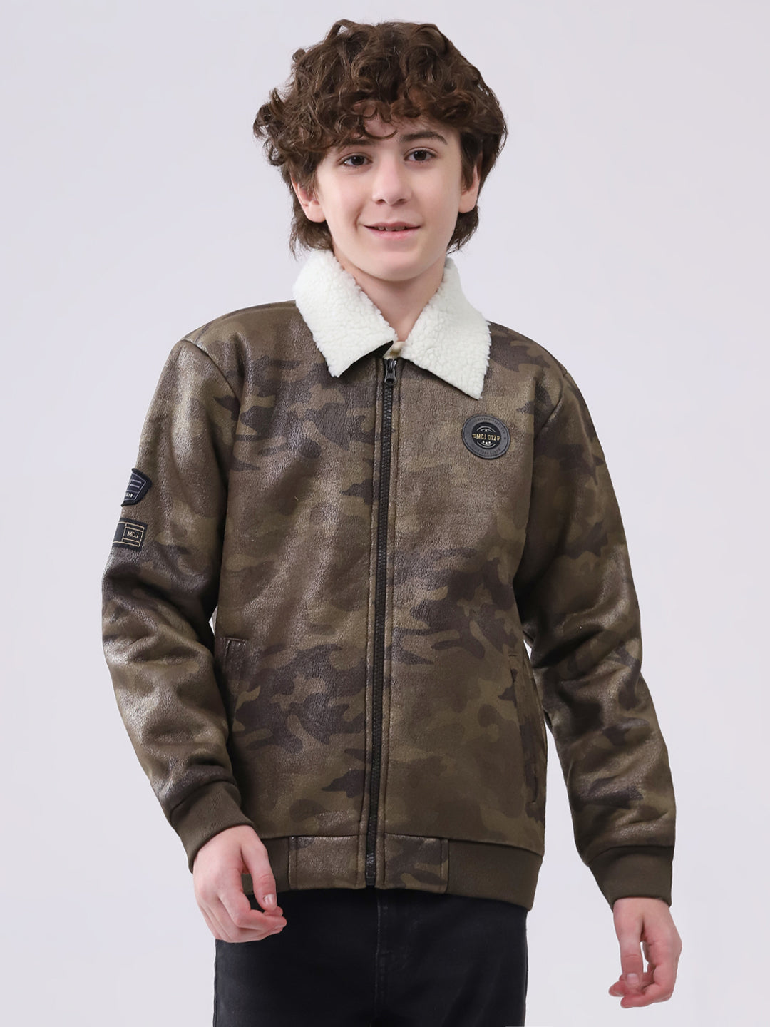 Boys Olive Printed Collar Full Sleeve Boys Jacket