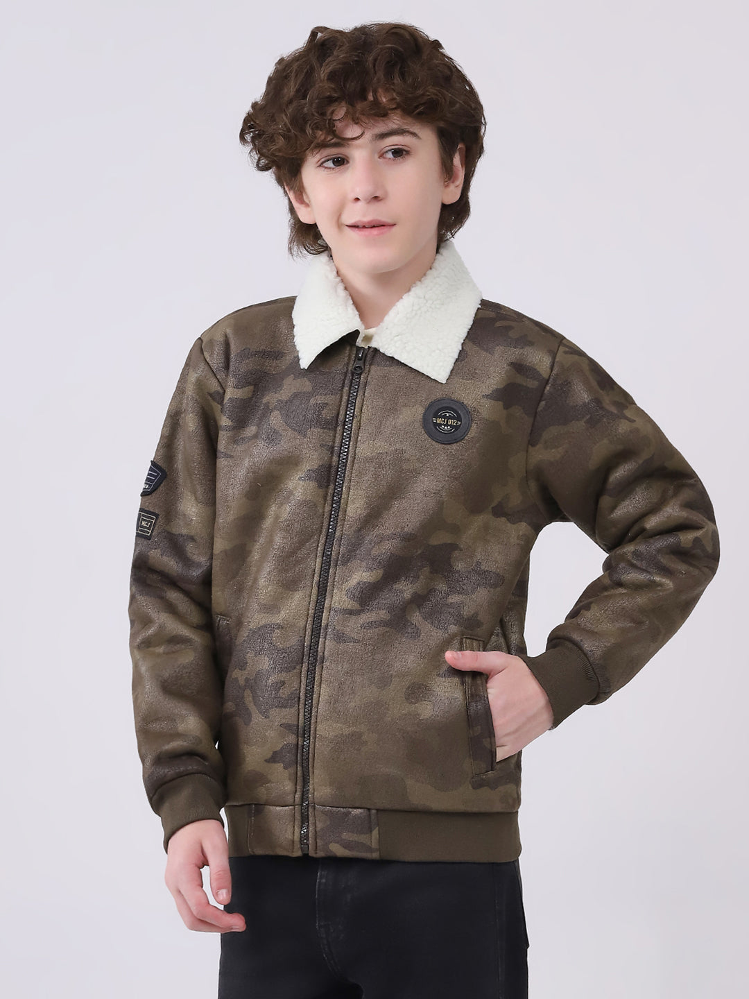 Boys Olive Printed Collar Full Sleeve Boys Jacket