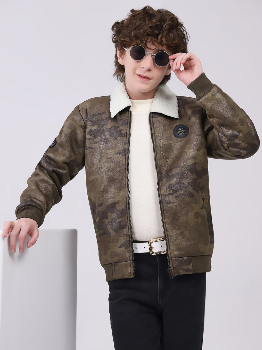 Boys Olive Printed Collar Full Sleeve Boys Jacket