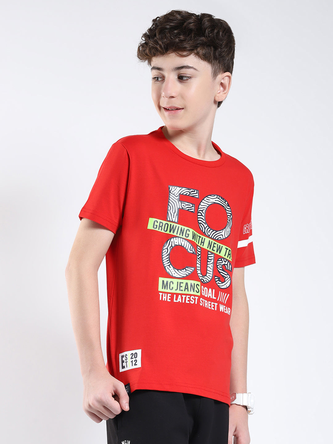 Boys Red Printed Round Neck Half Sleeve T-Shirt