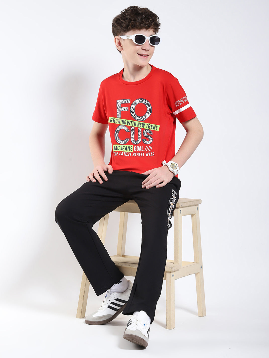 Boys Red Printed Round Neck Half Sleeve T-Shirt