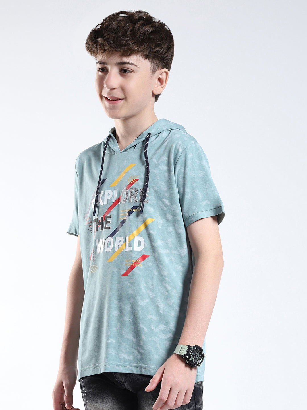 Boys Green Printed Hooded Half Sleeve T-Shirt