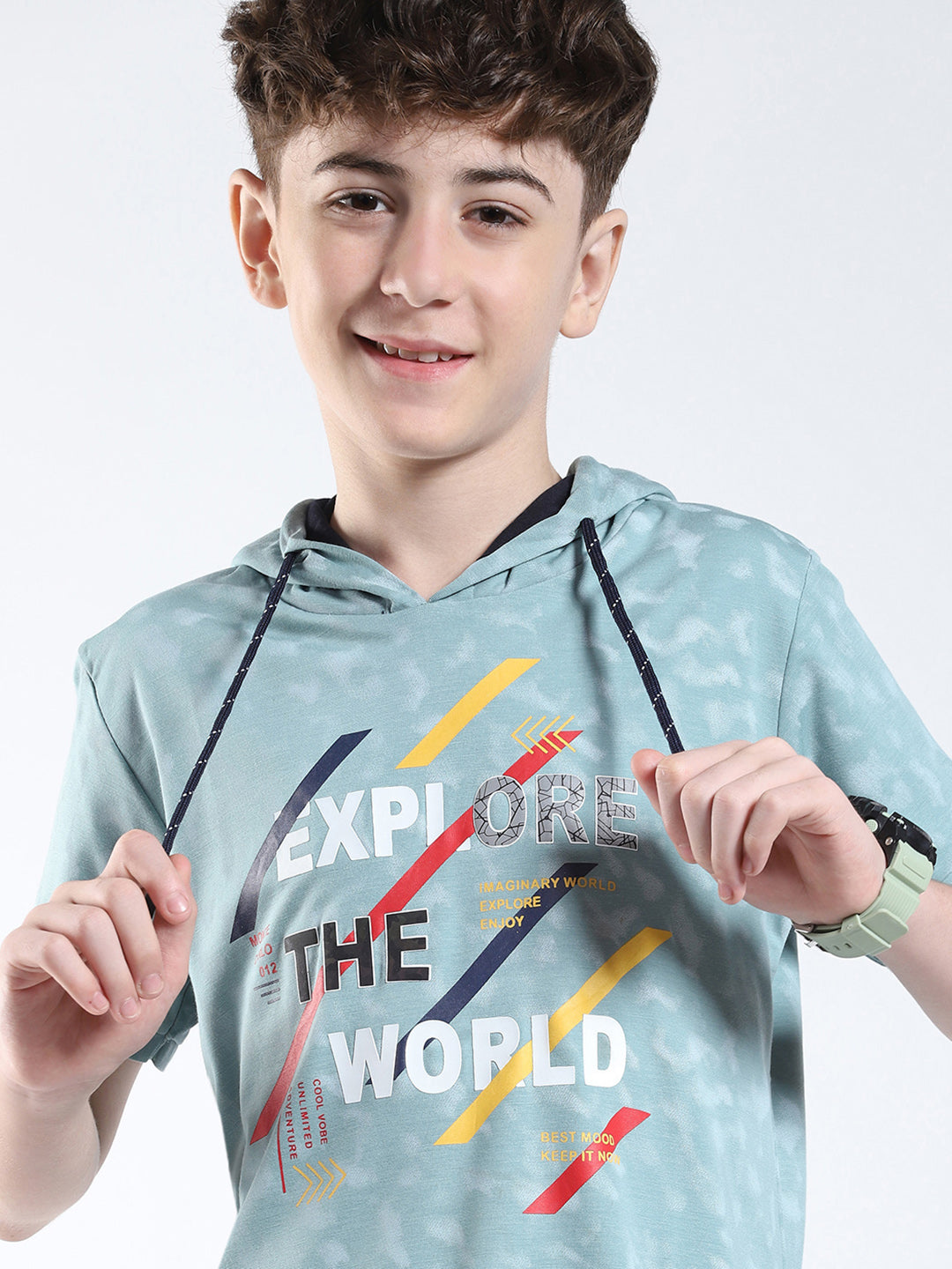 Boys Green Printed Hooded Half Sleeve T-Shirt