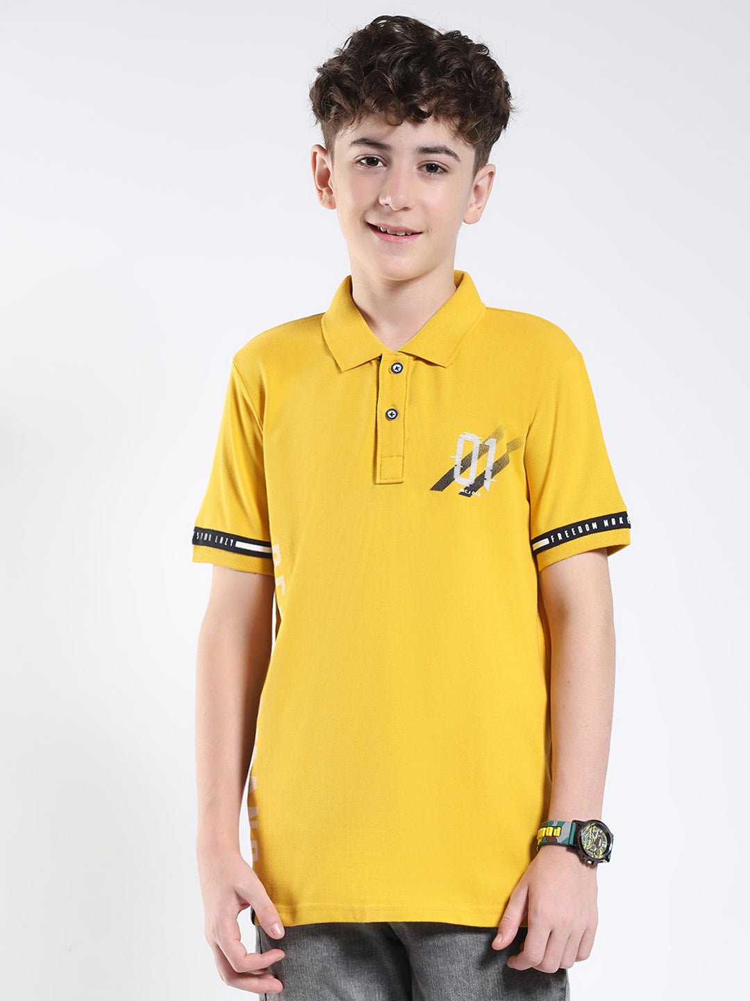 Boys Mustard Printed Collar Half Sleeve T-Shirt