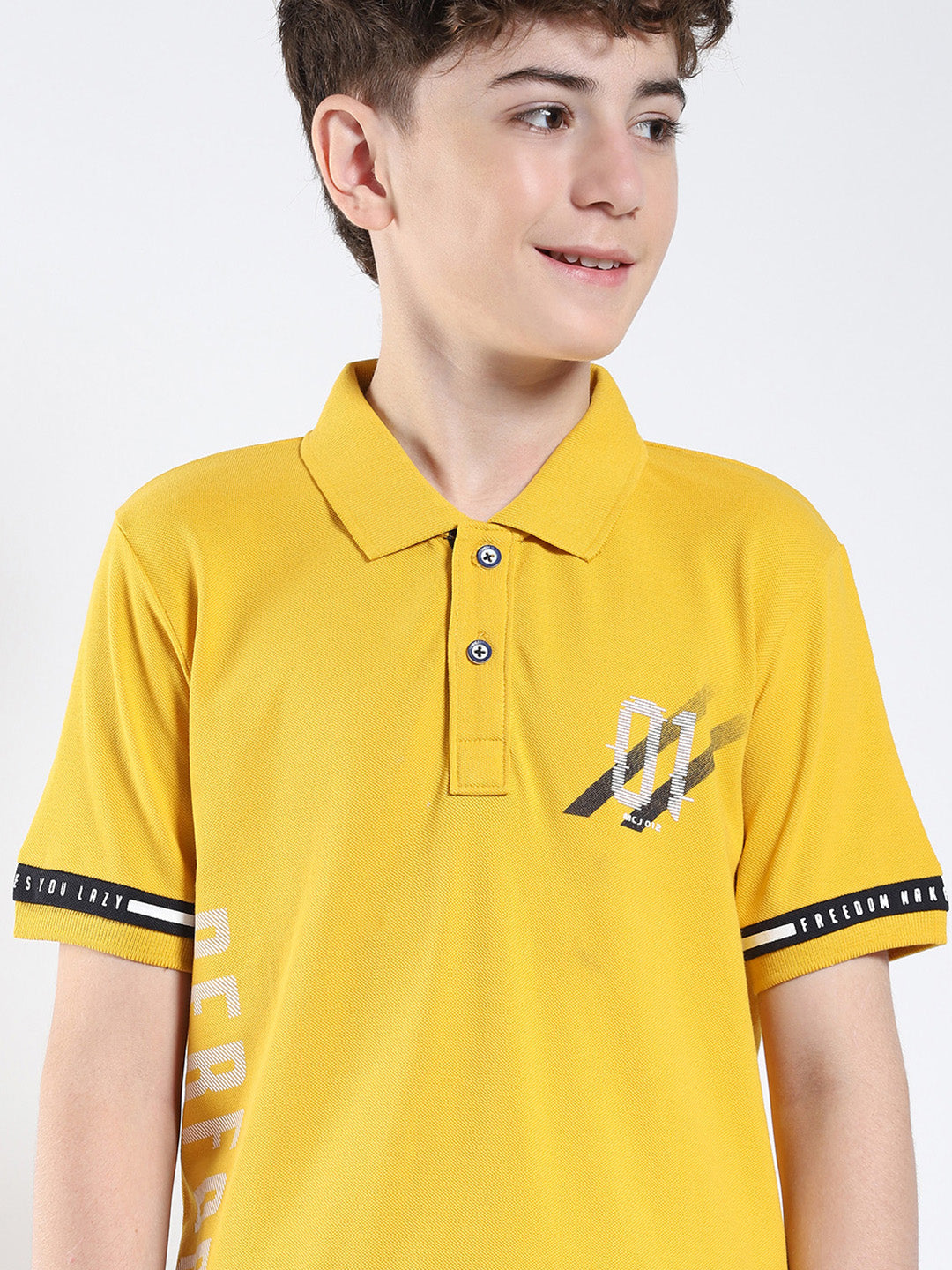Boys Mustard Printed Collar Half Sleeve T-Shirt