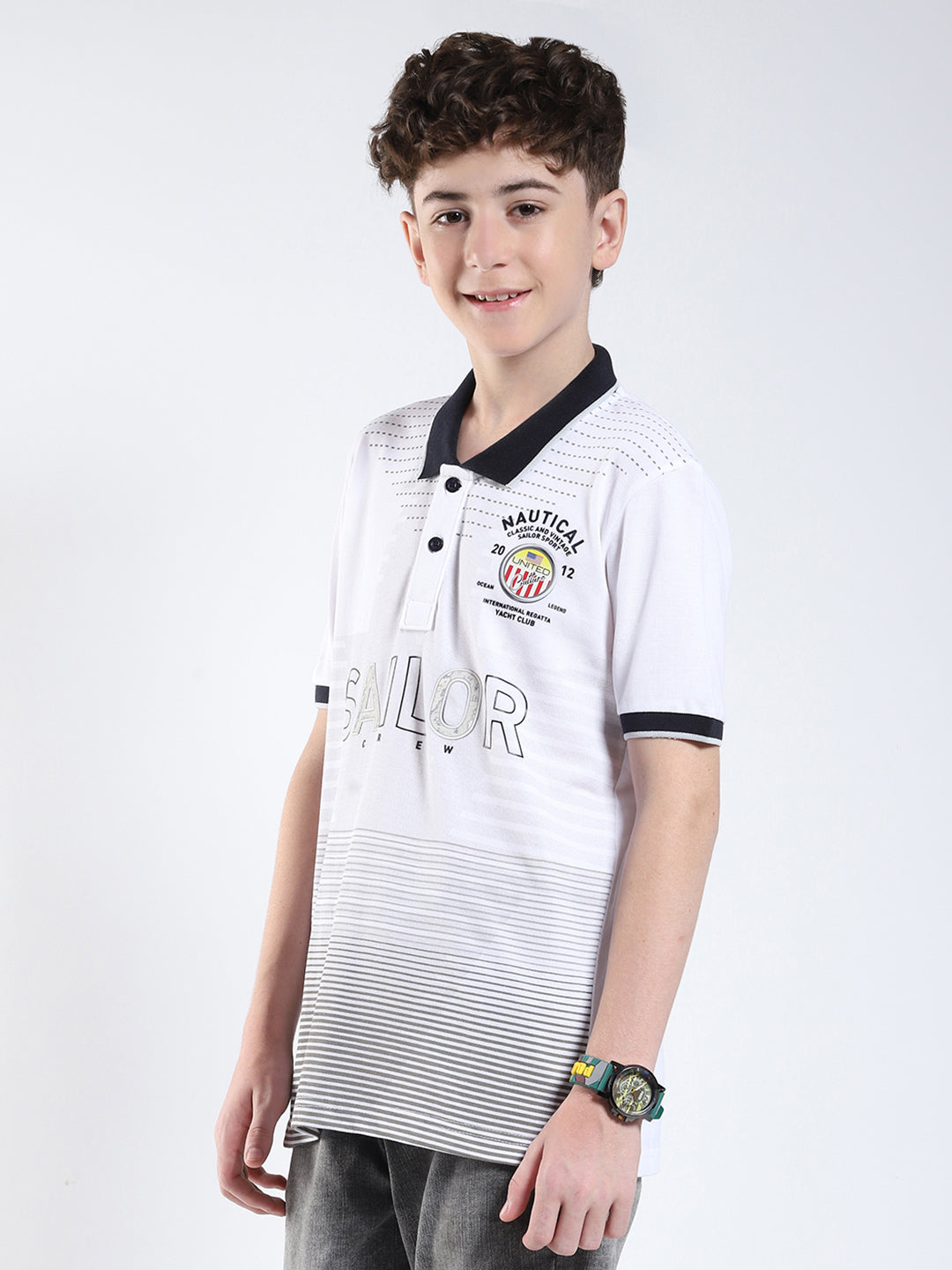 Boys White Printed Collar Half Sleeve T-Shirt
