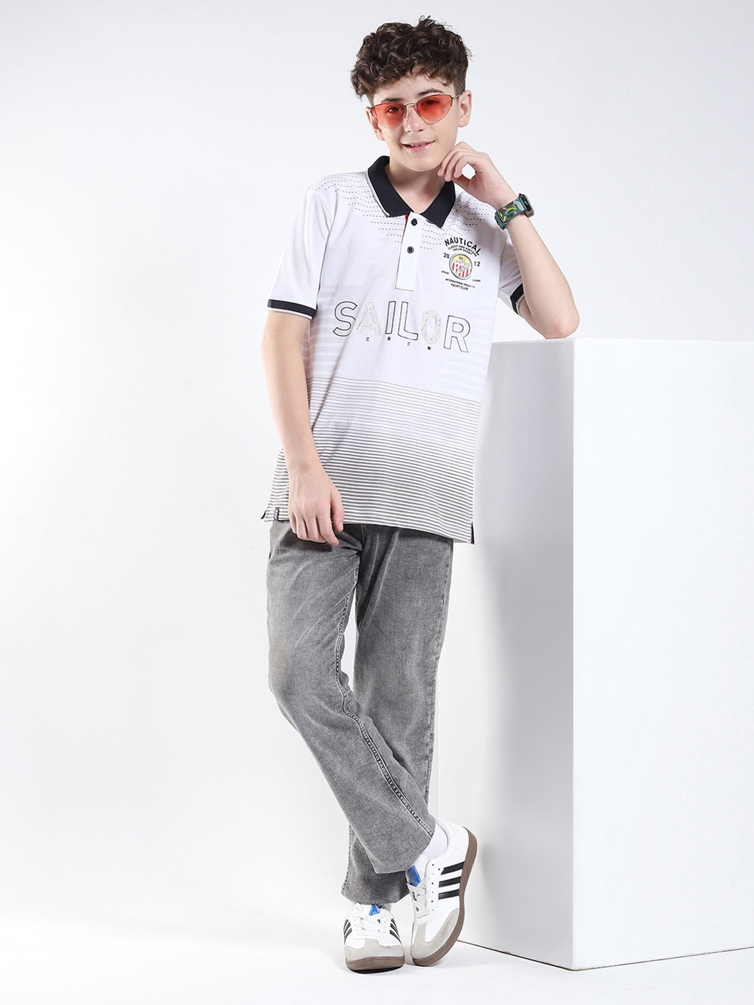 Boys White Printed Collar Half Sleeve T-Shirt