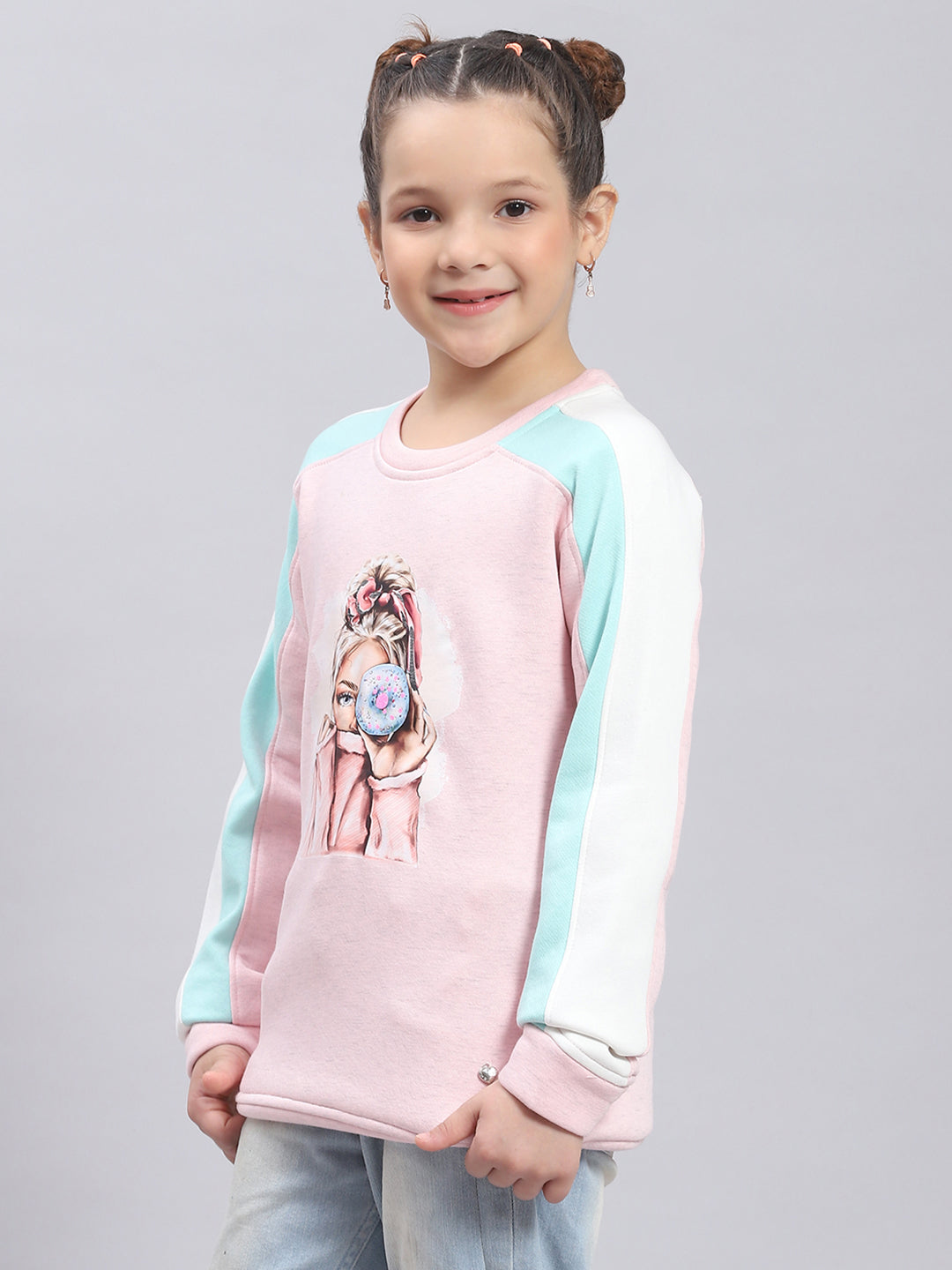 Girls Pink Printed Round Neck Full Sleeve Sweatshirt