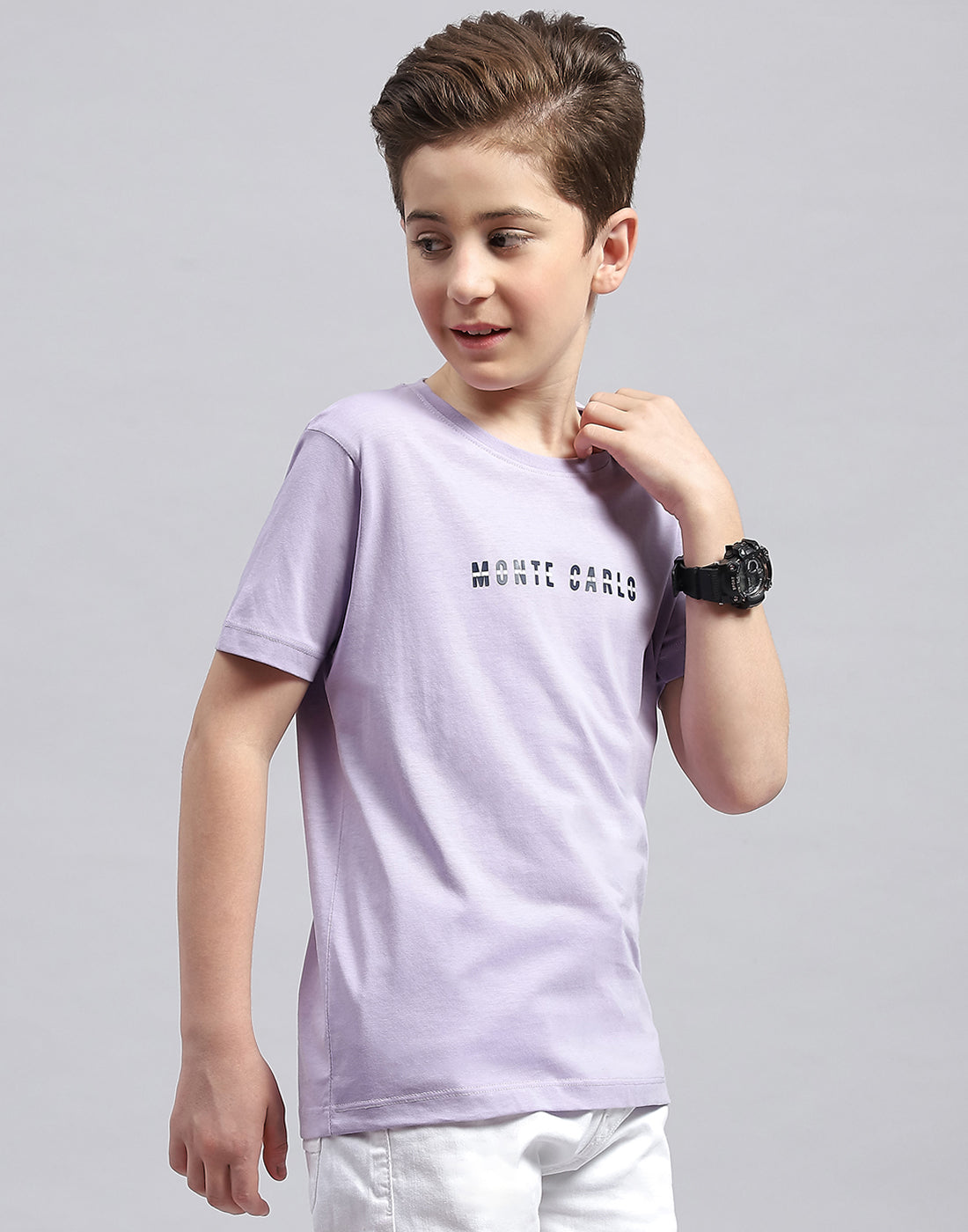 Boys Purple Printed Round Neck Half Sleeve T-Shirt