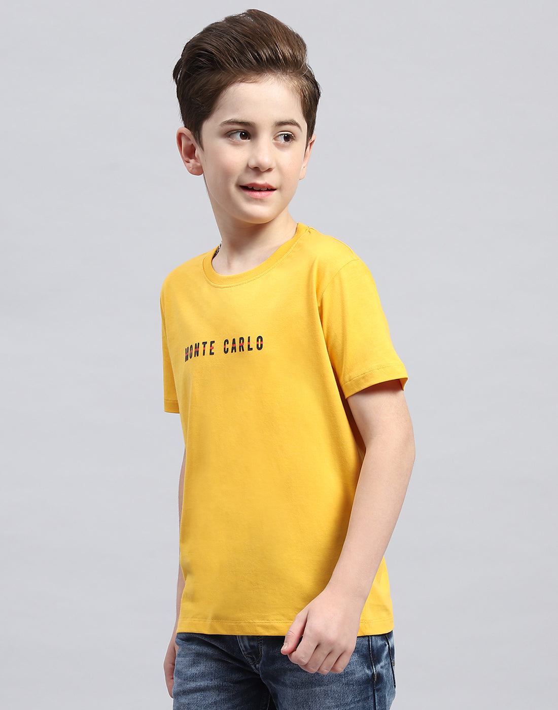 Boys Mustard Printed Round Neck Half Sleeve T-Shirt