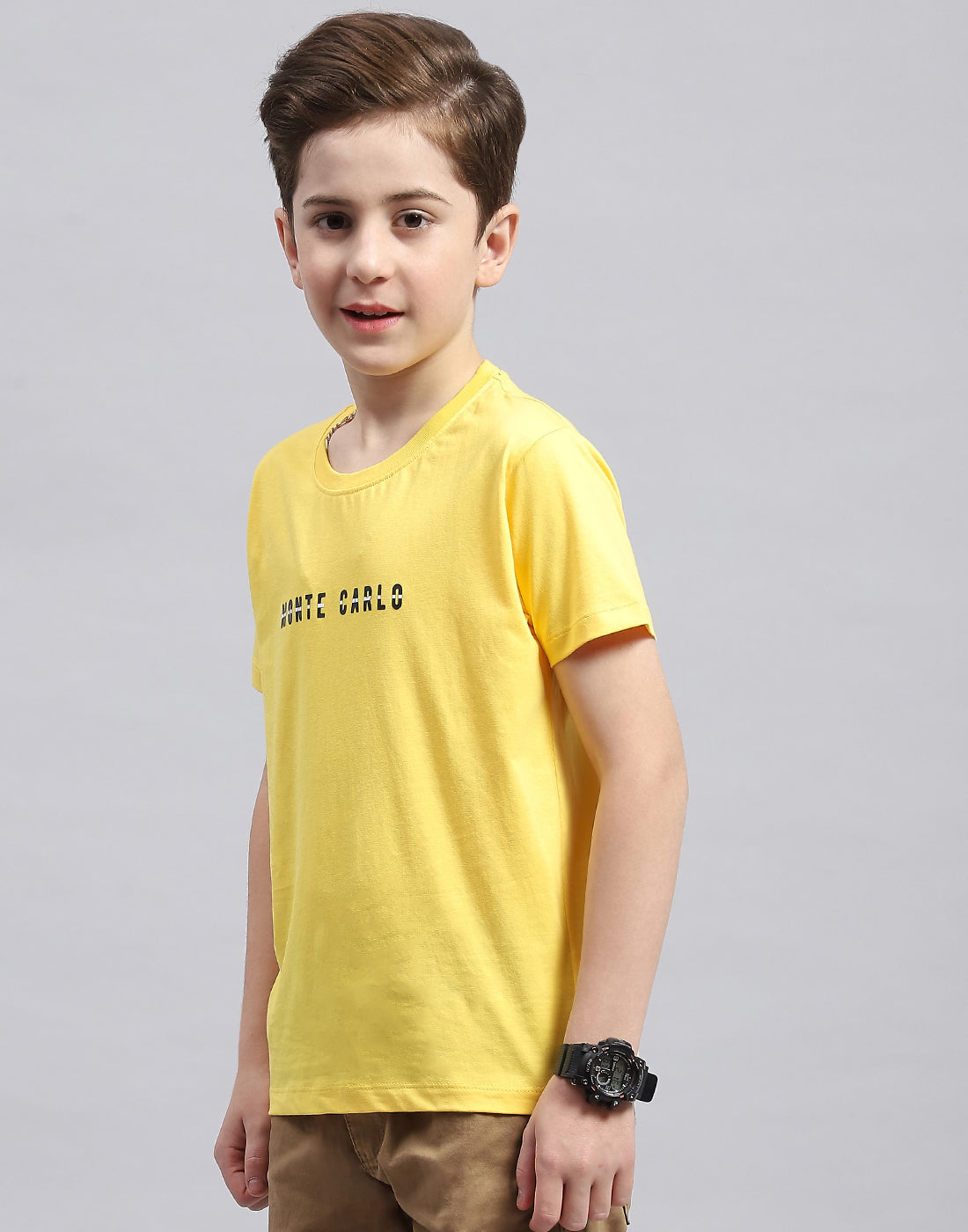 Boys Yellow Printed Round Neck Half Sleeve T-Shirt