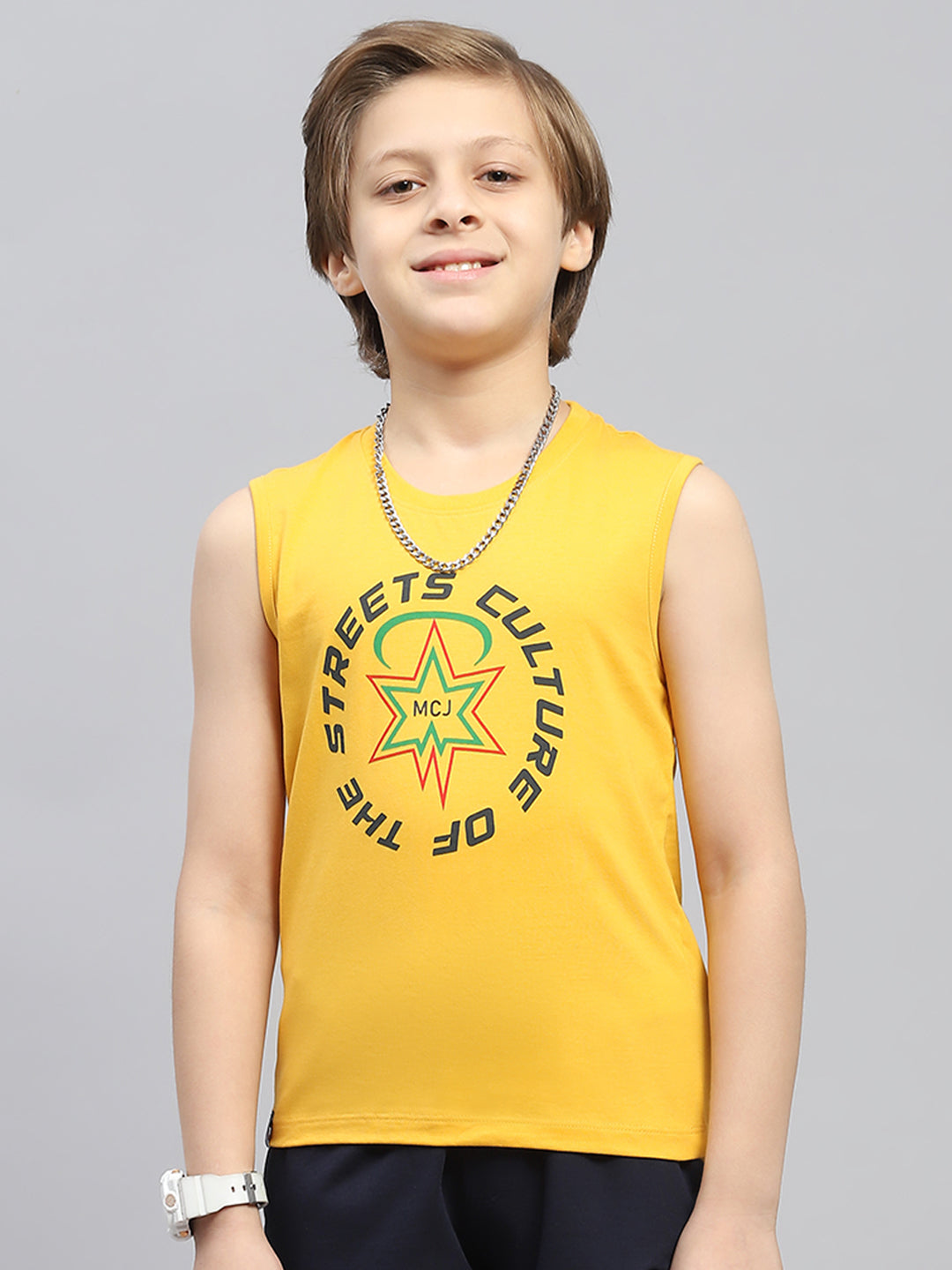 Boys Mustard & Blue Printed Round Neck Sleeveless T-Shirt (Pack of 2)