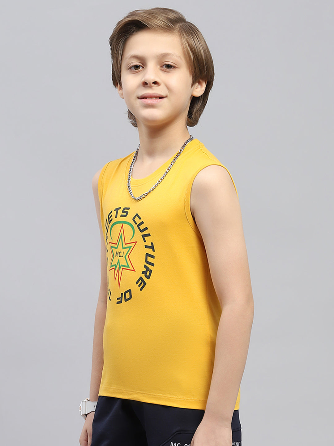 Boys Mustard & Blue Printed Round Neck Sleeveless T-Shirt (Pack of 2)