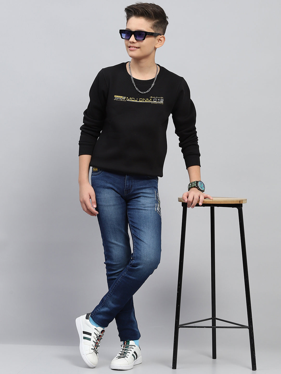 Boys Black Printed Round Neck Full Sleeve Sweatshirt