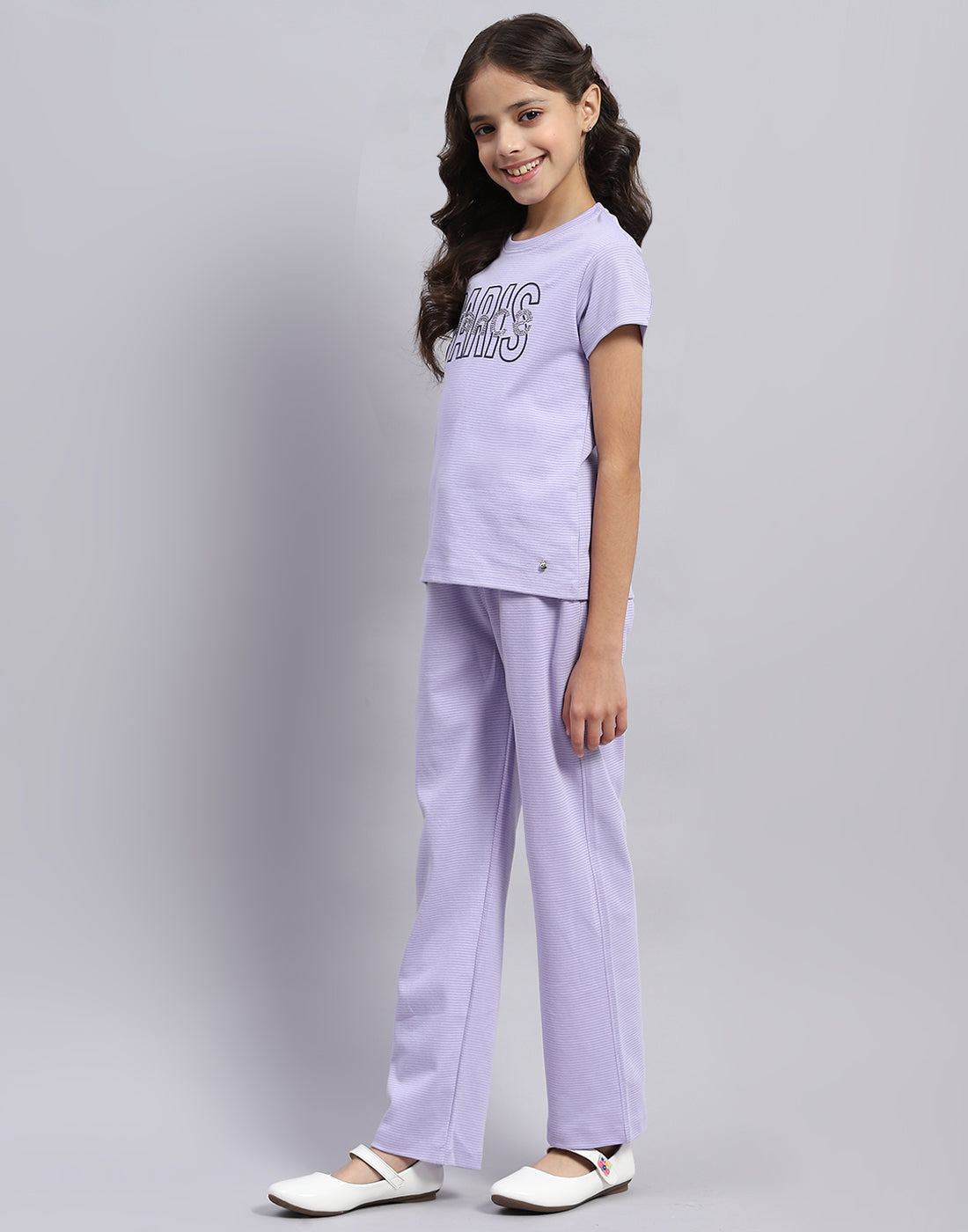 Girls Purple Printed Round Neck Half Sleeve Cords Set