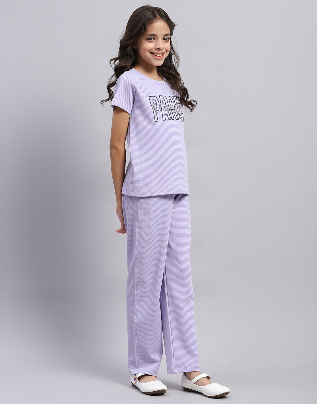 Girls Purple Printed Round Neck Half Sleeve Cords Set
