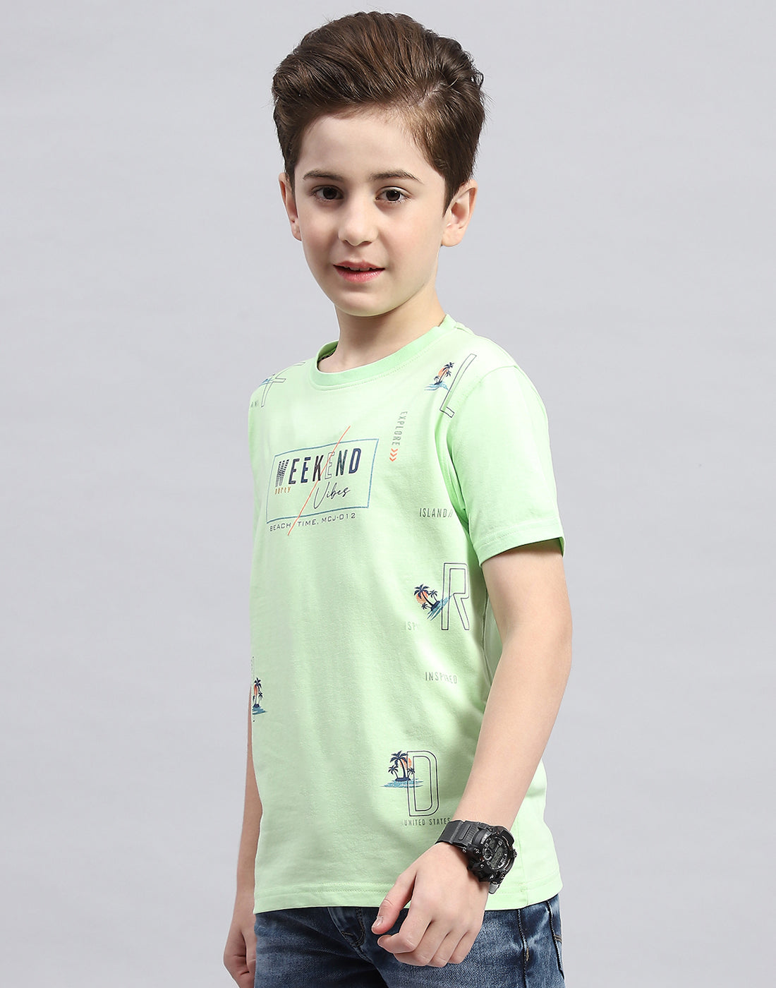 Boys Green Printed Round Neck Half Sleeve T-Shirt