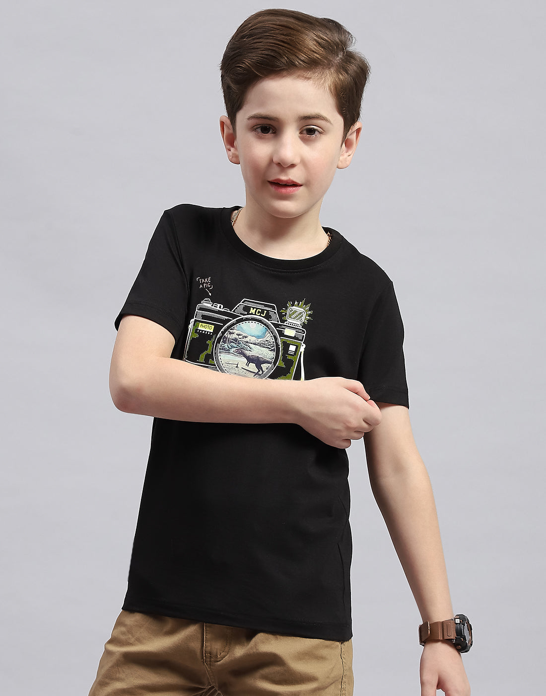 Boys Black Printed Round Neck Half Sleeve T-Shirt