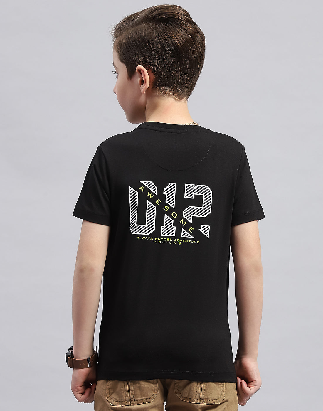 Boys Black Printed Round Neck Half Sleeve T-Shirt