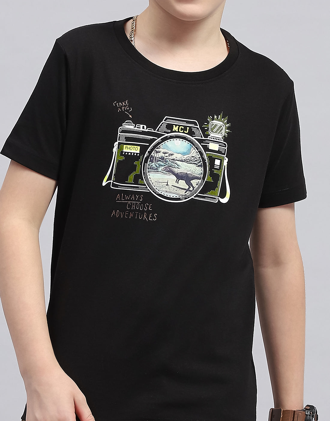 Boys Black Printed Round Neck Half Sleeve T-Shirt