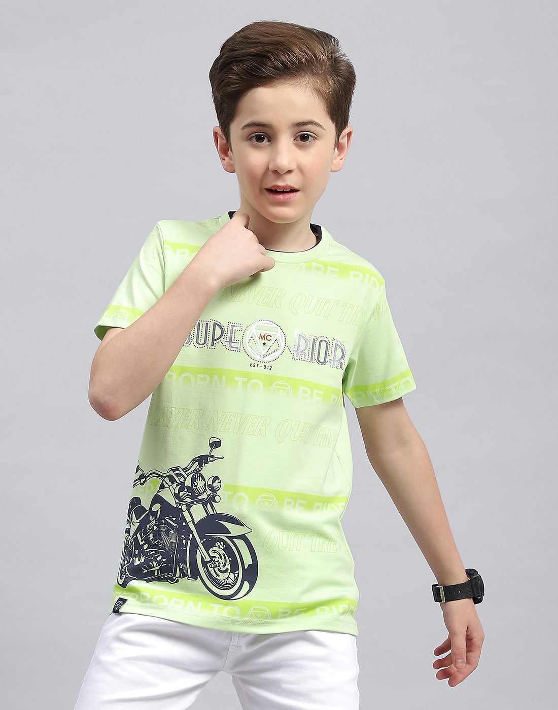 Boys Green Printed Round Neck Half Sleeve T-Shirt