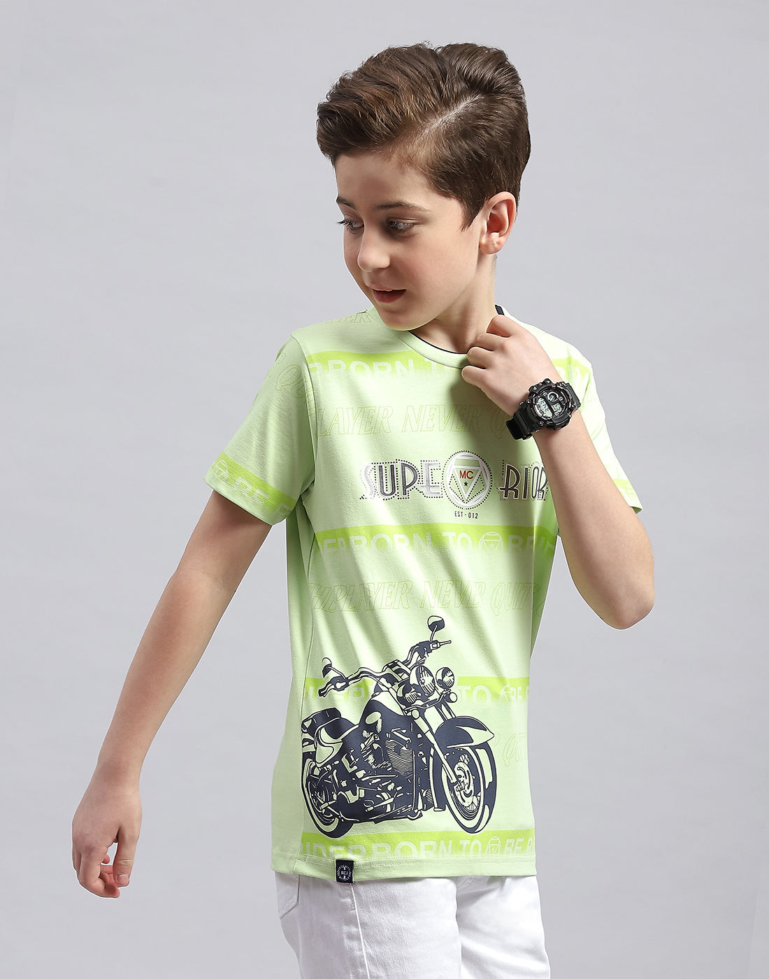 Boys Green Printed Round Neck Half Sleeve T-Shirt