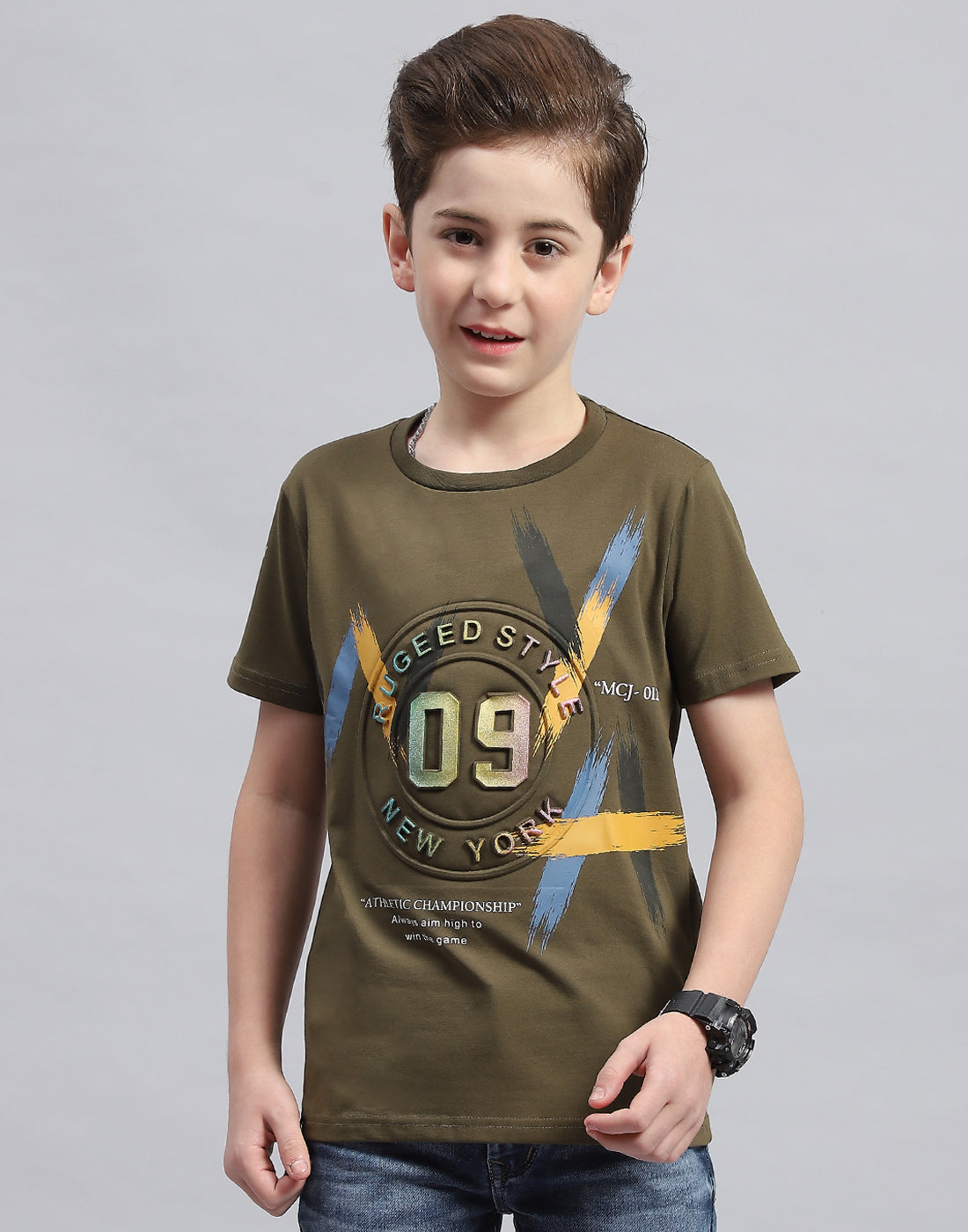 Boys Olive Printed Round Neck Half Sleeve T-Shirt