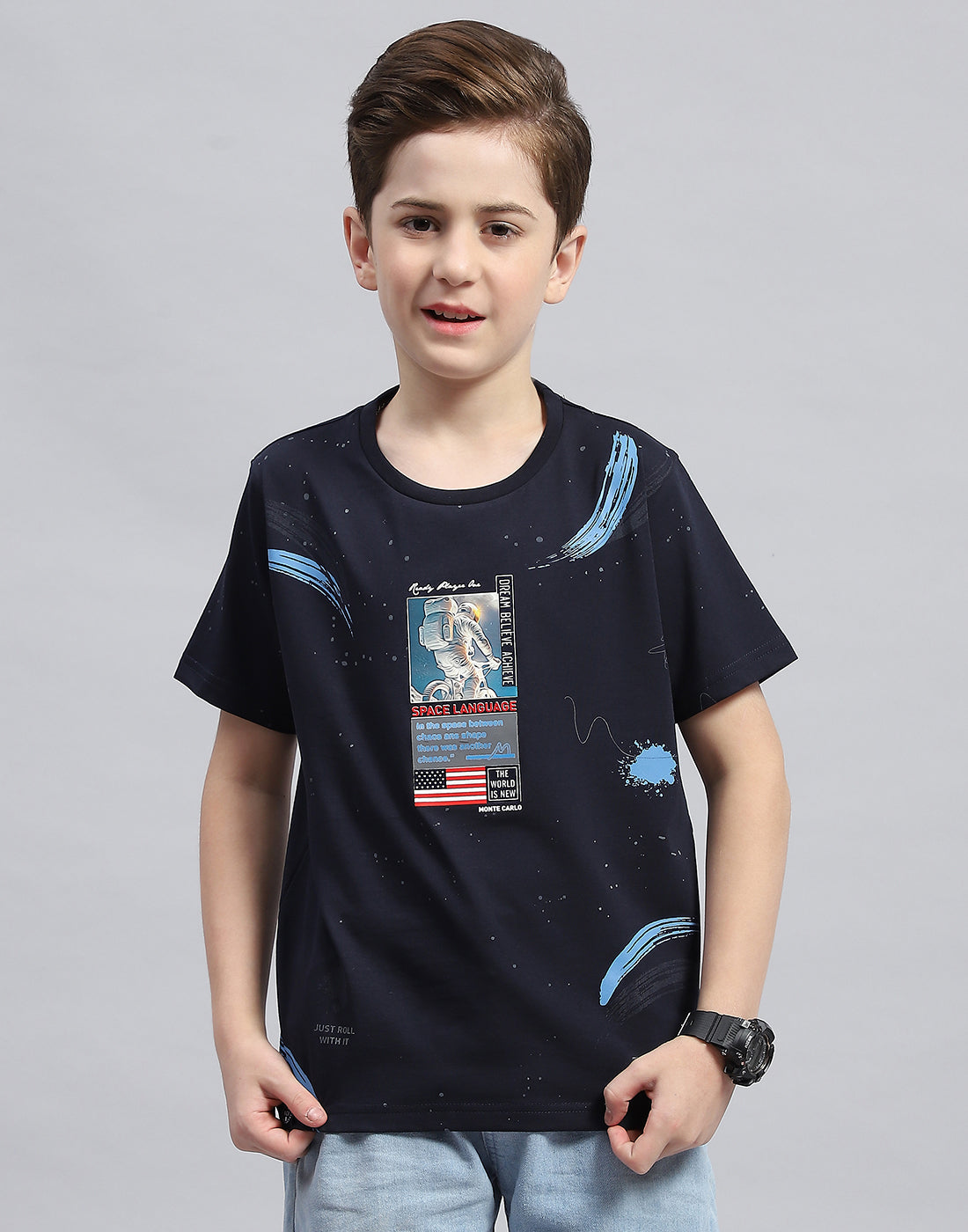 Boys Navy Blue Printed Round Neck Half Sleeve T-Shirt