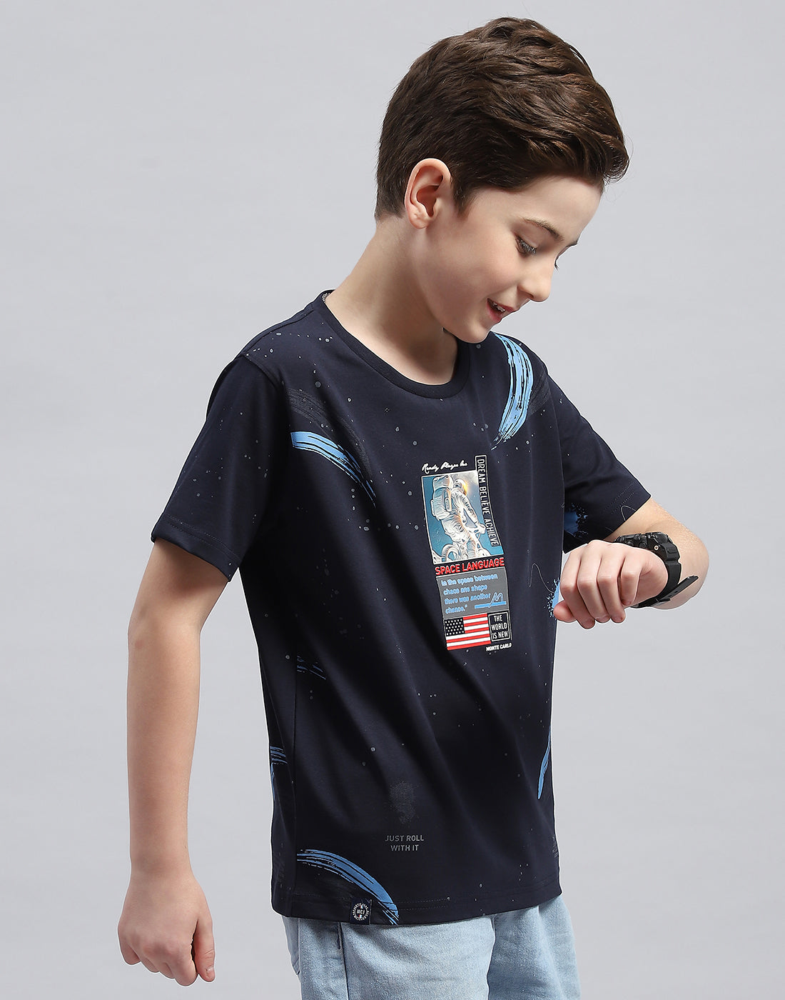 Boys Navy Blue Printed Round Neck Half Sleeve T-Shirt