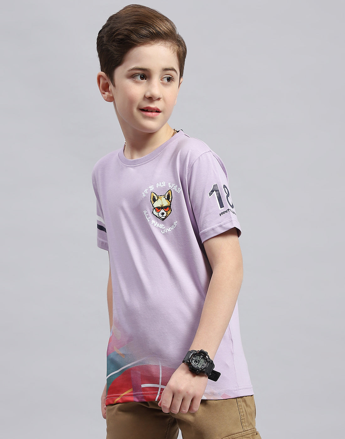 Boys Purple Printed Round Neck Half Sleeve T-Shirt