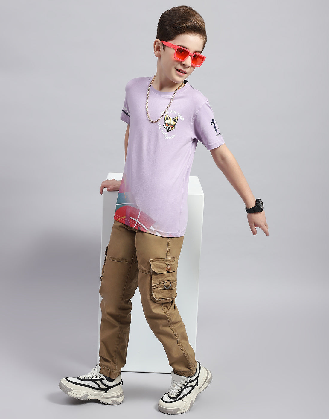 Boys Purple Printed Round Neck Half Sleeve T-Shirt