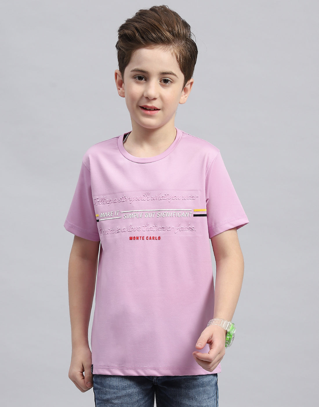 Boys Mauve Printed Round Neck Half Sleeve T-Shirt