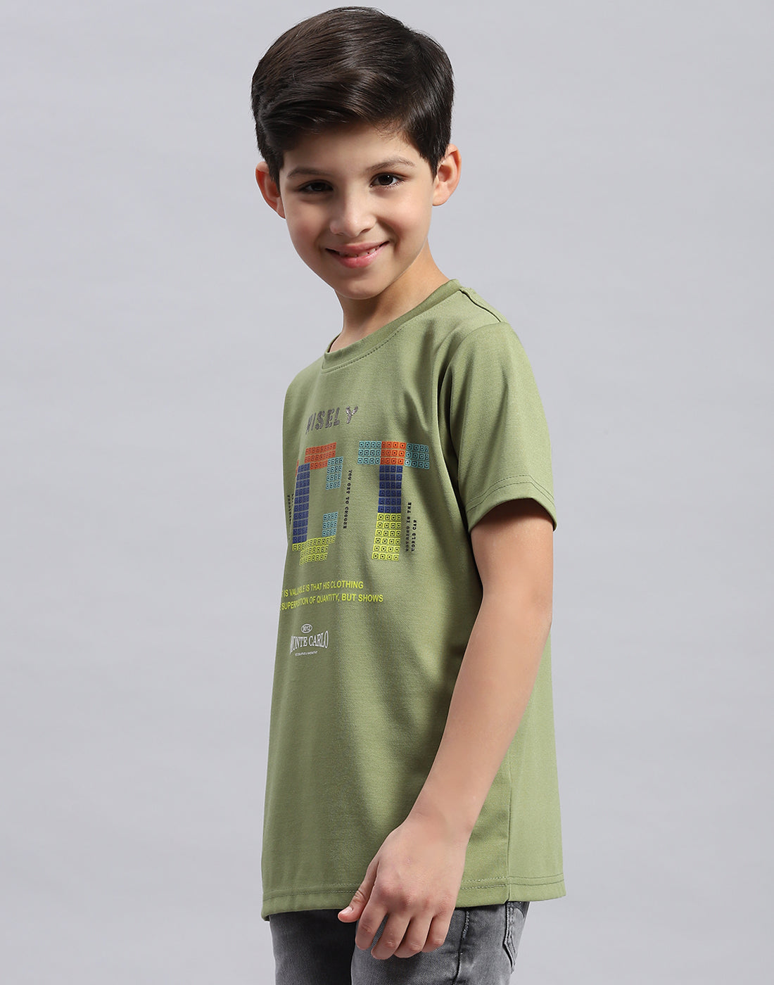 Boys Green Printed Round Neck Half Sleeve T-Shirt