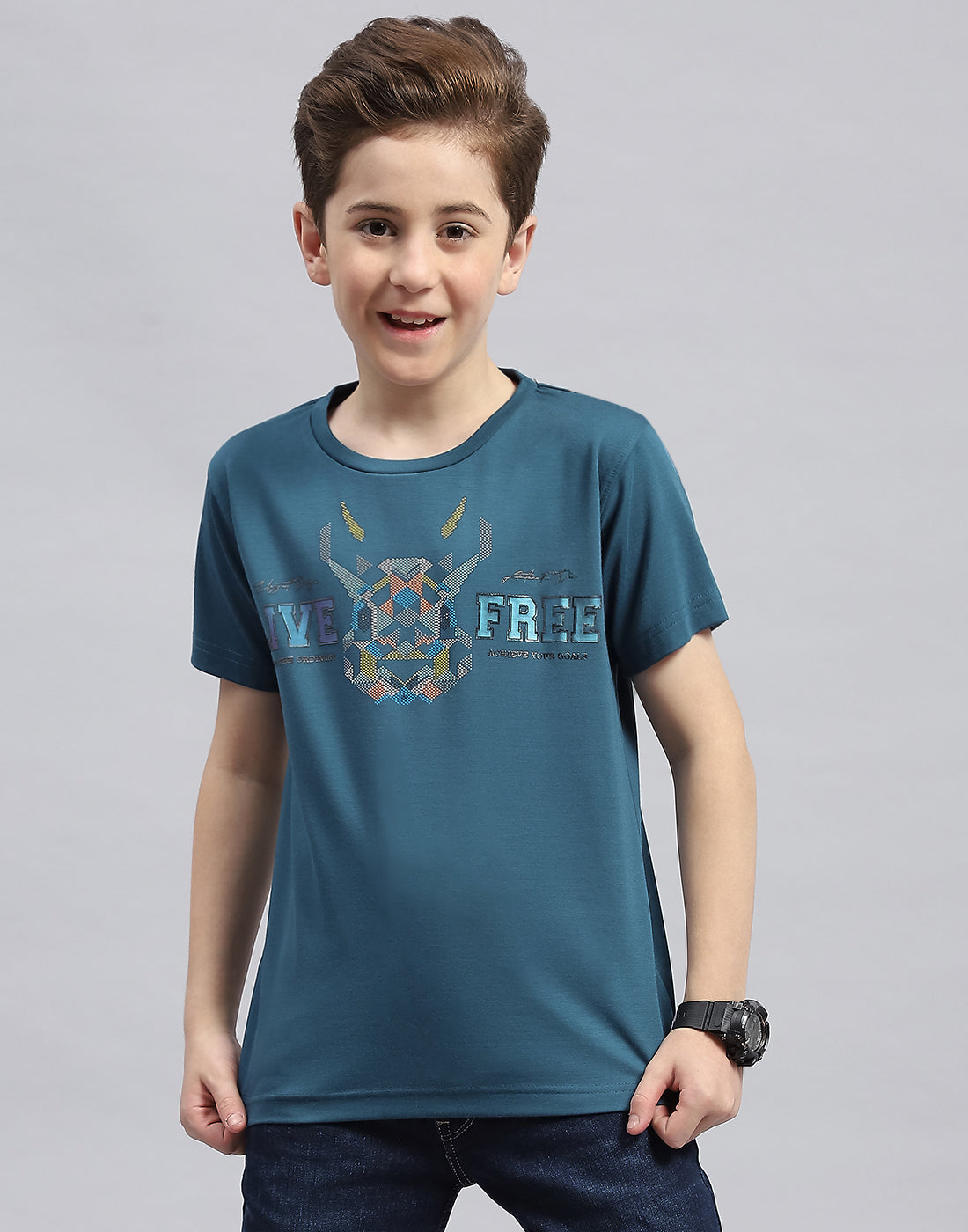 Boys Teal Blue Printed Round Neck Half Sleeve T-Shirt