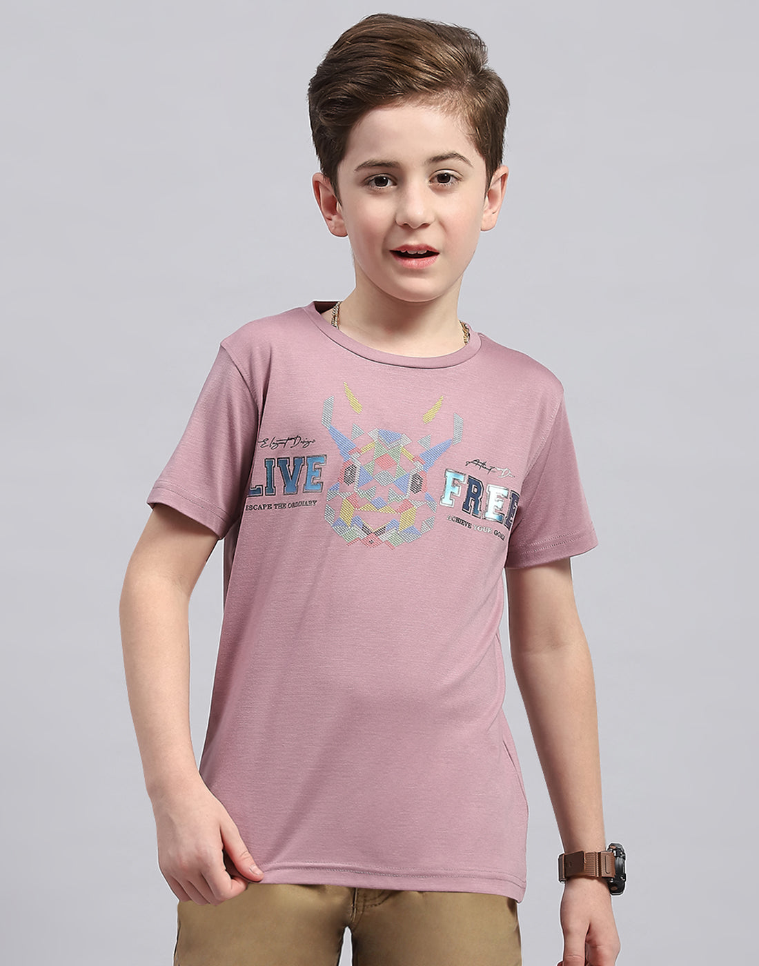 Boys Pink Printed Round Neck Half Sleeve T-Shirt