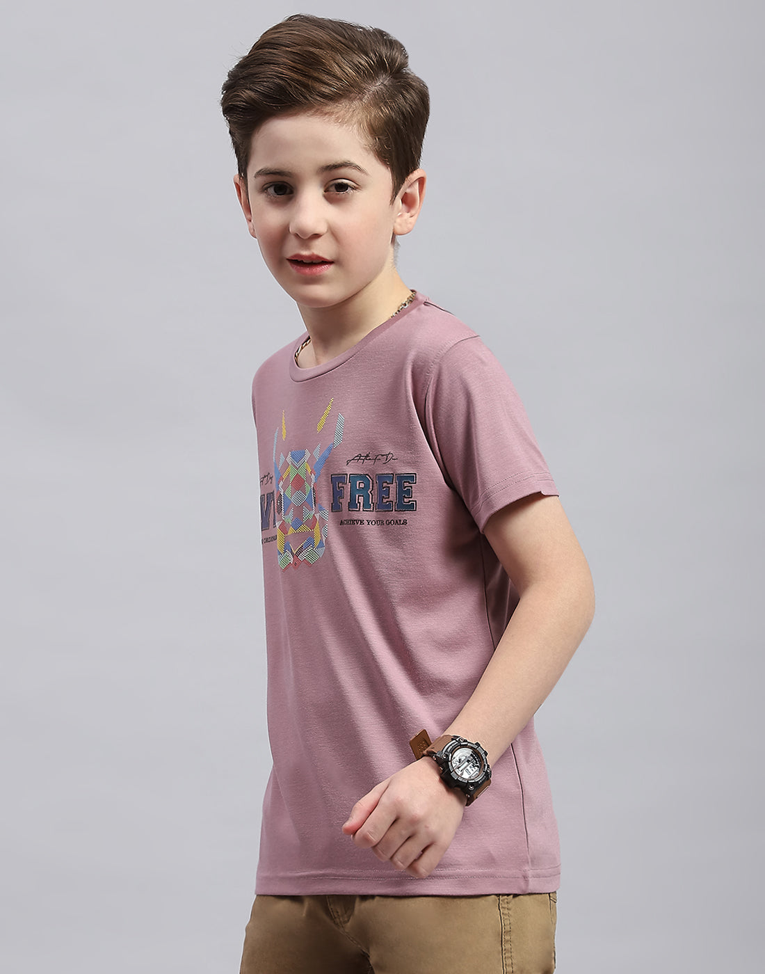 Boys Pink Printed Round Neck Half Sleeve T-Shirt