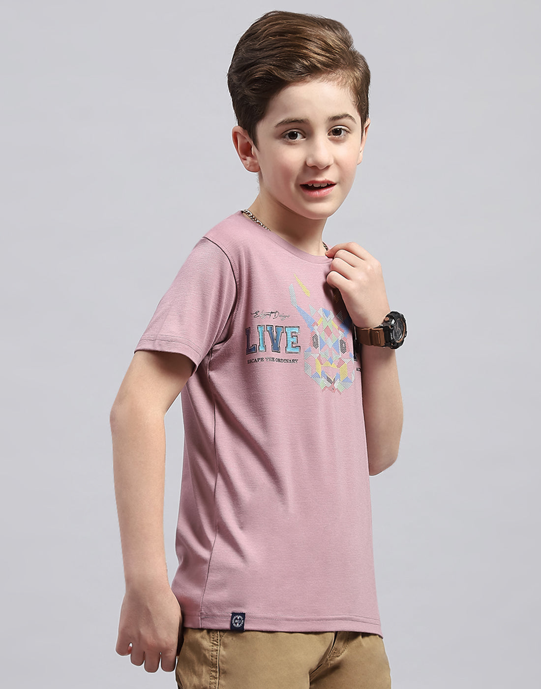 Boys Pink Printed Round Neck Half Sleeve T-Shirt