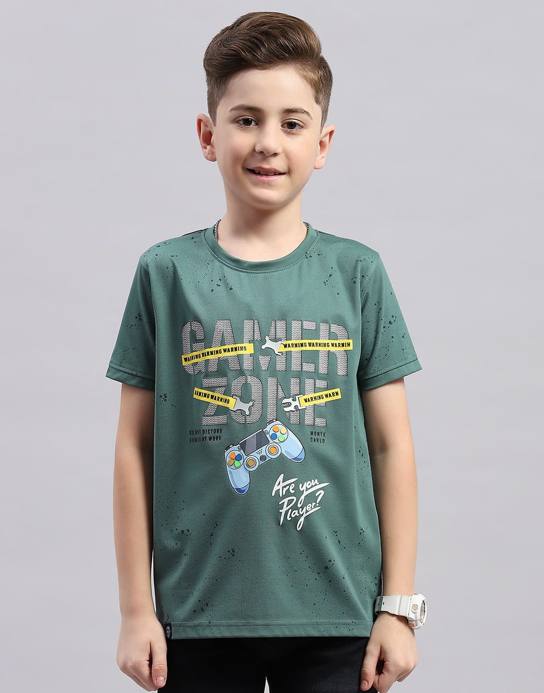 Boys Green Printed Round Neck Half Sleeve T-Shirt