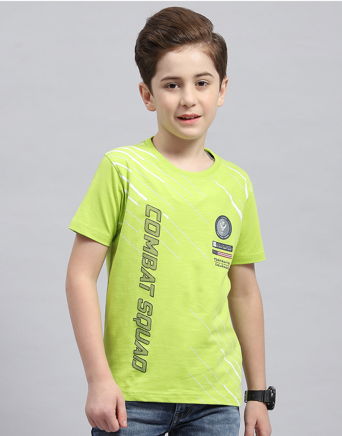 Boys Green Printed Round Neck Half Sleeve T-Shirt