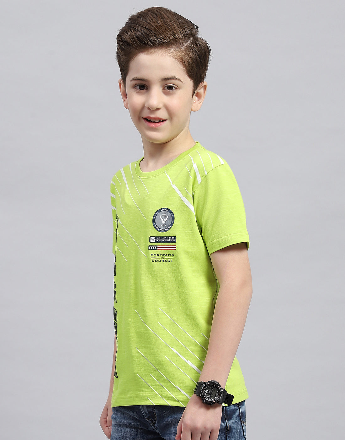 Boys Green Printed Round Neck Half Sleeve T-Shirt