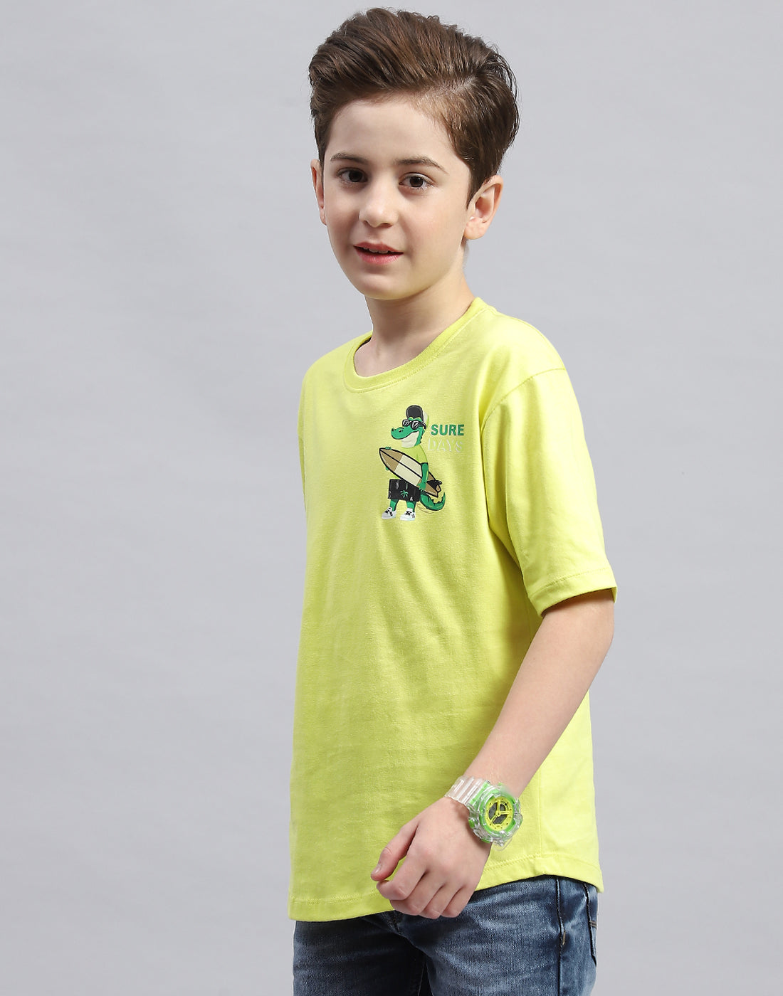 Boys Green Printed Round Neck Half Sleeve T-Shirt