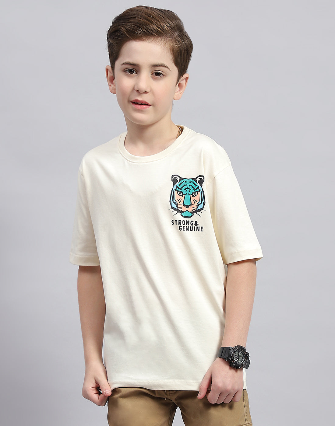 Boys Off White Printed Round Neck Half Sleeve T-Shirt